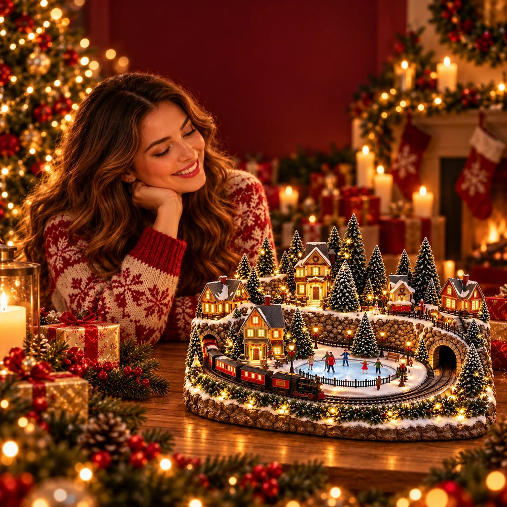 Animated Holiday Train and Ice Rink Scene Jadvero