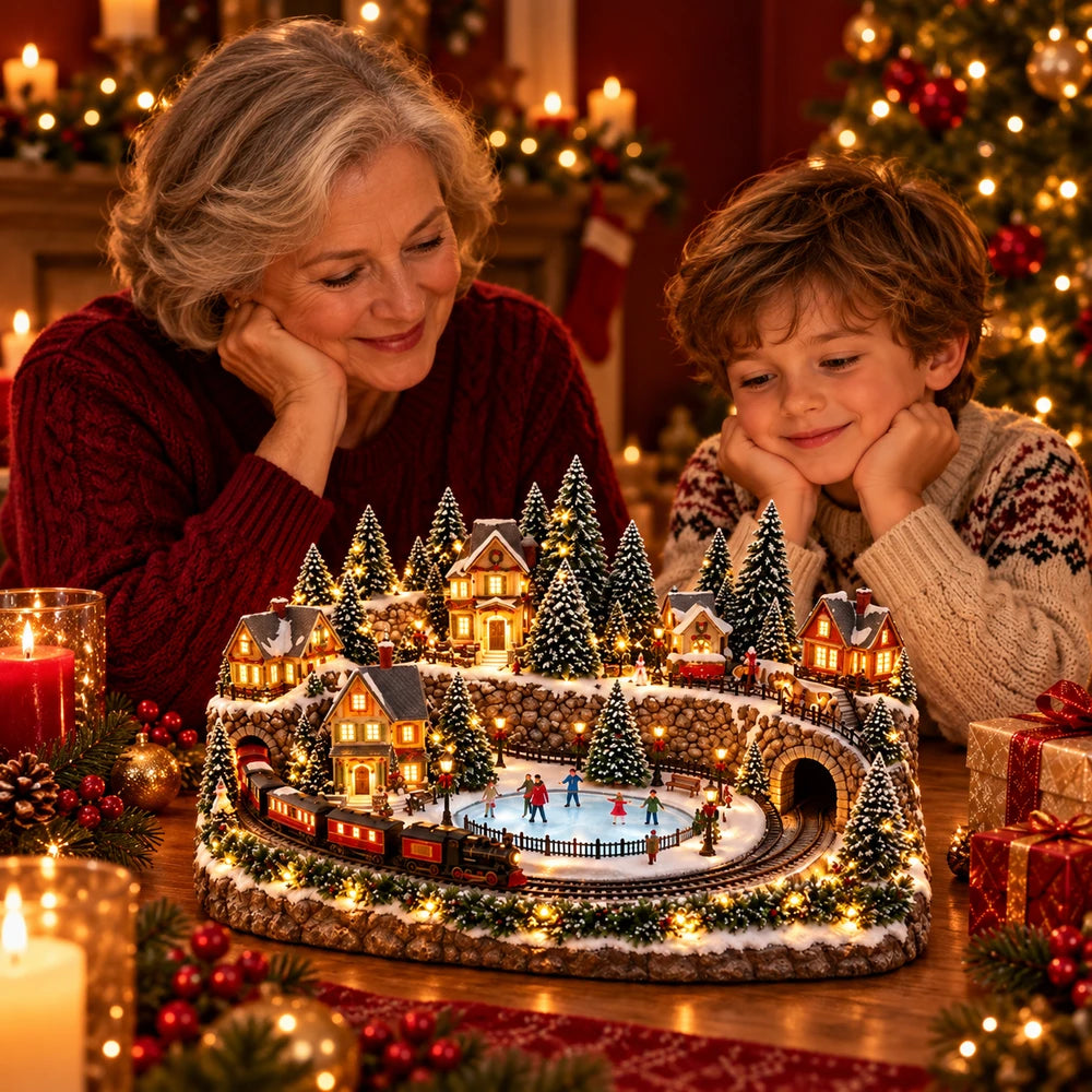 Animated Holiday Train and Ice Rink Scene Jadvero
