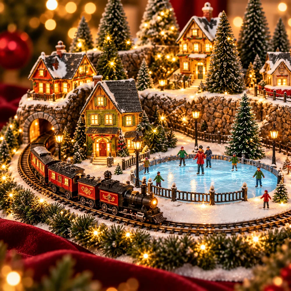 Animated Holiday Train and Ice Rink Scene Jadvero